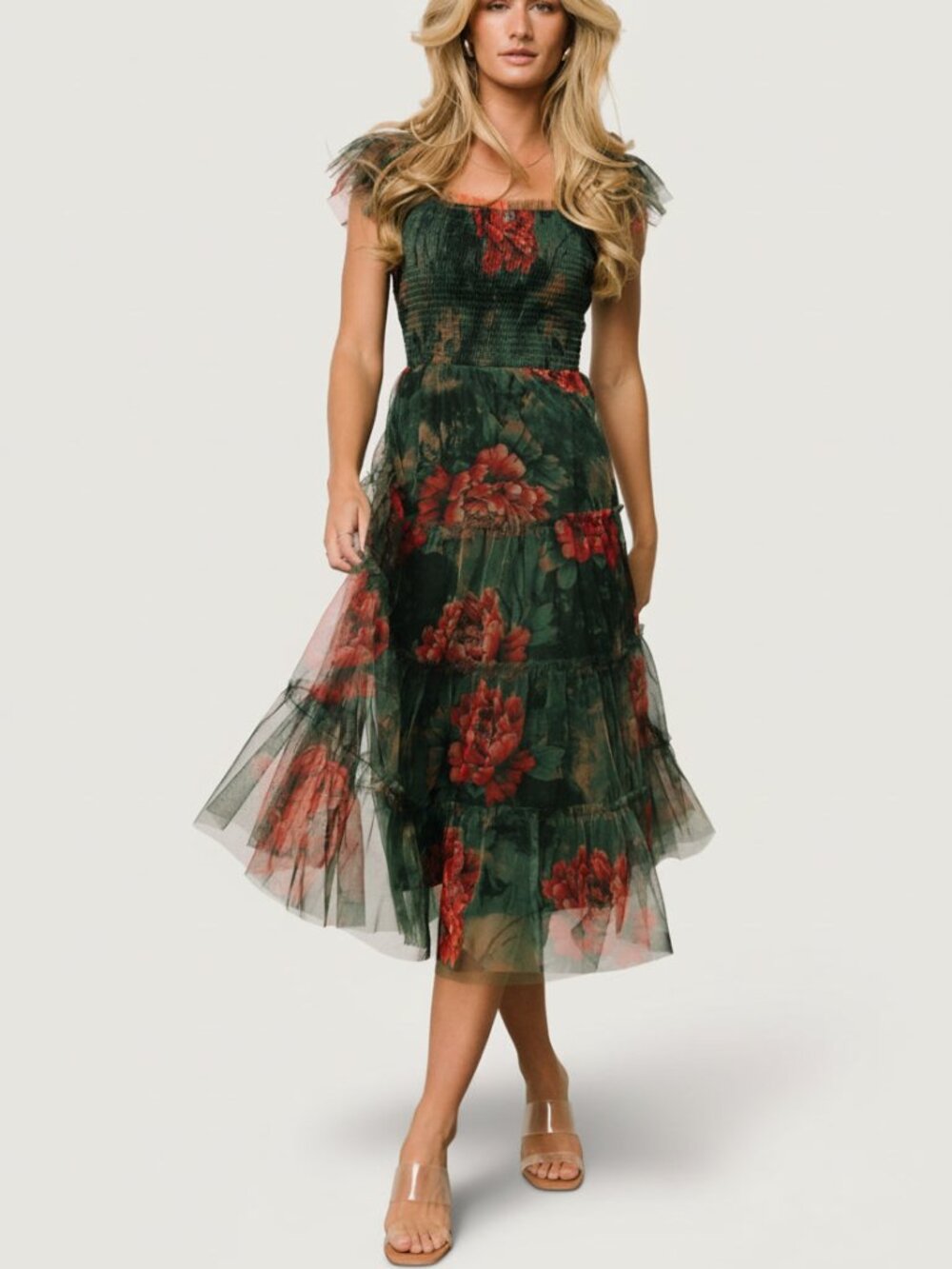 Baltic Born Clementine Tulle Midi Dress | Dark Green Floral Size SS